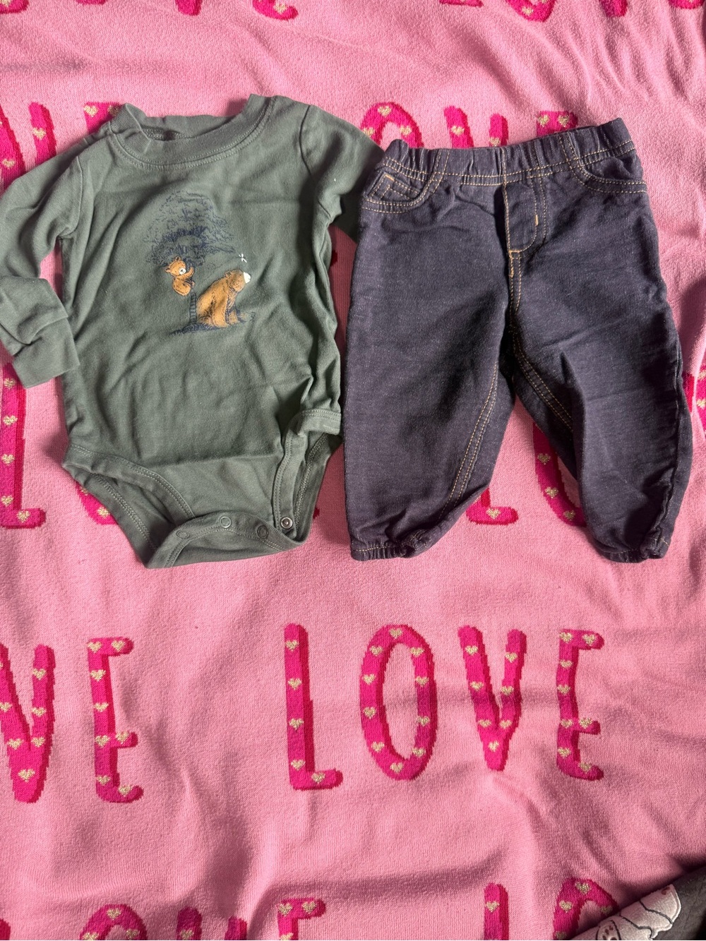Carter's Green Woodland Graphic Bodysuit with Navy Jeans-Style Pants